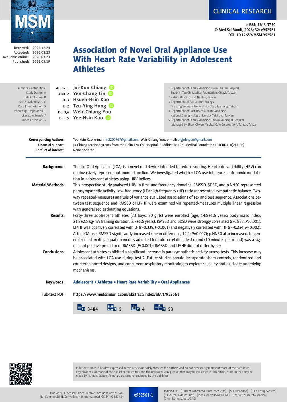 Association of Novel Oral Appliance Use With Heart Rate Variability in Adolescent Athletes Association of Novel Oral Appliance Use With Heart Rate Variability in Adolescent Athletes